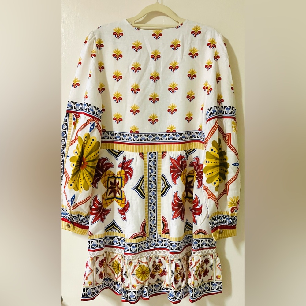 Farm Rio Off-White Bright Multi Tile Print Lightweight Long Sleeve Mini Dress: M - Picture 11 of 13
